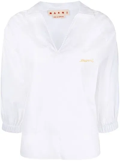 Marni V-neck Cotton Blouse In Weiss