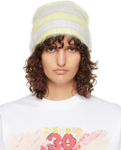 Marni White & Yellow Striped Mohair Beanie In V2w01 Lily White