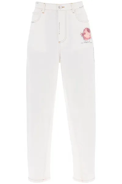 Marni Women's Jeans With Embroidered Logo And Flower Patch In Bianco