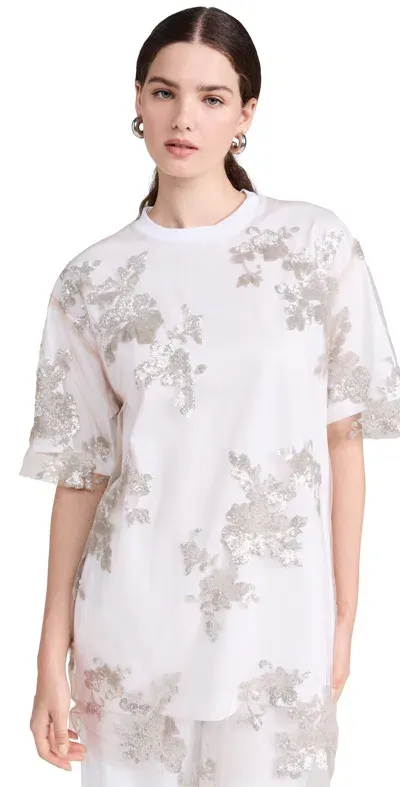 Marques' Almeida White Relaxed Fit T-shirt With Silver Embroidered Tulle Overlayer White/embroidery