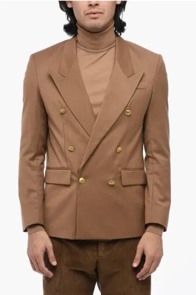 Marsēm Twill Double Breasted Blazer With Golden Buttons In Brown