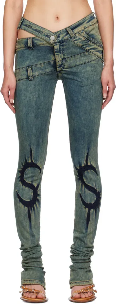 Masha Popova Blue Skinny Dollar Sign Joggins Back Zips Jeans In Dollar Green