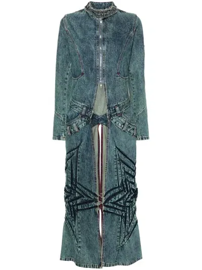 Masha Popova Star-patch Long Denim Coat In Blue