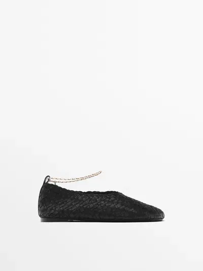 Massimo Dutti Geflochtene Ballerinas Mit Knöchelriemchen In Black