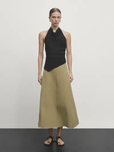 Massimo Dutti Linen Blend Midi Skirt With Stitching Detail In Green