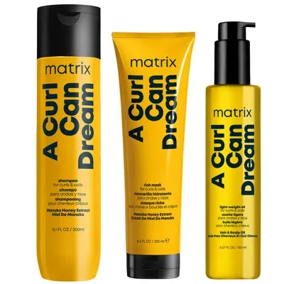 Matrix A Curl Can Dream Cleansing Shampoo 300ml, Hair Mask 250ml And Moisturising Hair Oil 150ml Bundle For In White