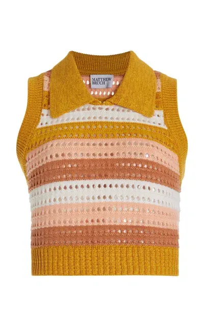 Matthew Bruch Cropped Knit-mesh Collared Tank Top In Stripe