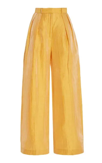 Matthew Bruch Pleated Linen-blend Wide-leg Trousers In Orange