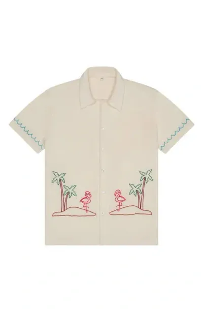 Mavrans Flamingo Beach Terry Cloth Short Sleeve Button-up Shirt In Ivory Multi