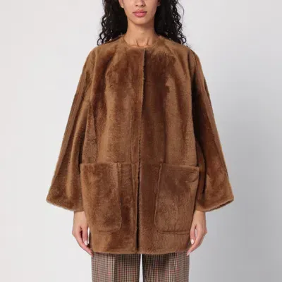 Max Mara Brown Shearling Reversible Cardigan Coat In Black