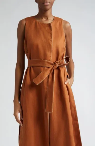 Max Mara Aureo Linen Belted Longline Vest In Brown