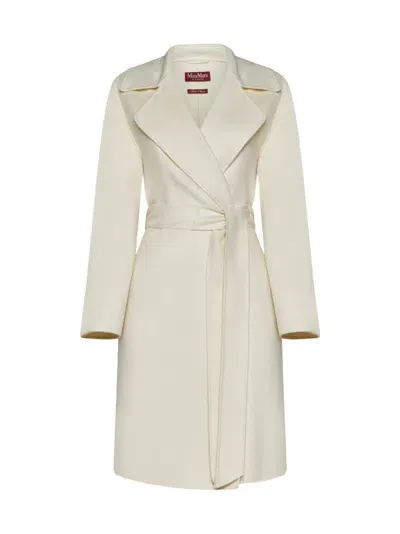 Max Mara Belted Long-sleeved Coat In White