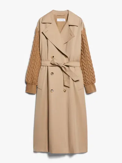 Max Mara Cicladi Wool Knit & Cotton Long Coat In Camel