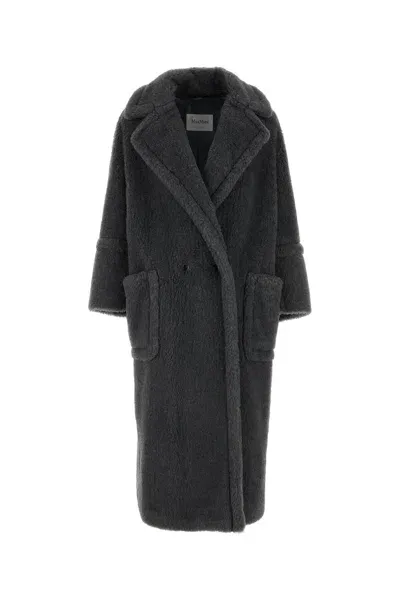 Max Mara Dark Grey Teddy Fabric Kadiak Coat In Avio