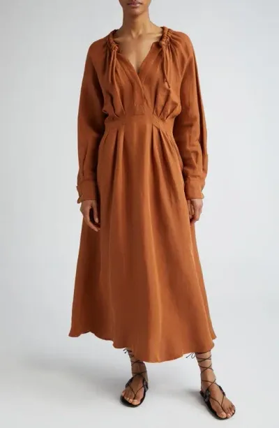 Max Mara Drina Pleated Maxi Dress With Cinched Neckline In Tobacco