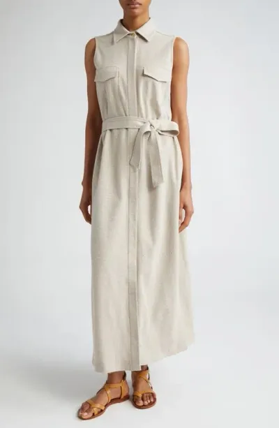 Max Mara Lampo Sleeveless Belted Pique Knit Maxi Shirtdress In Beige