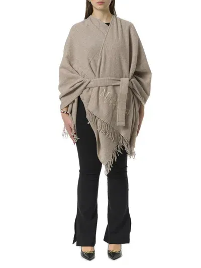 Max Mara Leisure Belted Fringed Edge Poncho In Beige