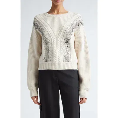 Max Mara Lessy Crystal Embellished Cable Stitch Virgin Wool Sweater In Albino