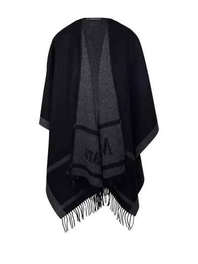 Max Mara Logo Detailed Fringed Cape In Black