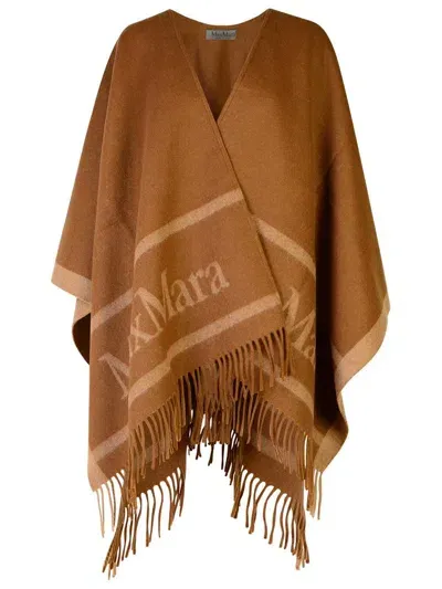 Max Mara Logo Detailed Fringed Cape In Brown