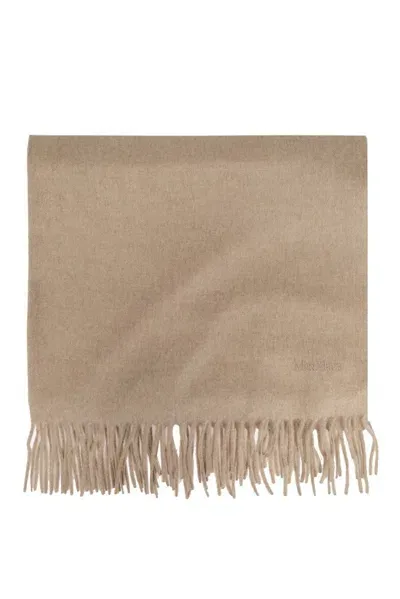 Max Mara Logo Embroidered Fringed Scarf In Beige