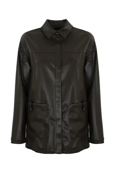 Max Mara Quantum Shirt Jacket With Leather Effect In Brown