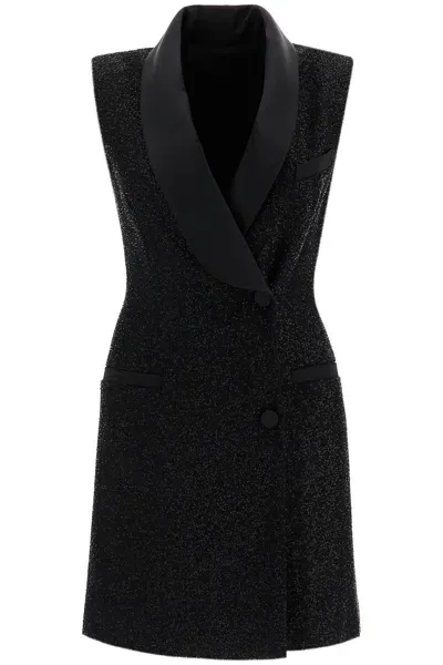 Max Mara Satin Sequin Mini Dress With Scarf Collar In Black