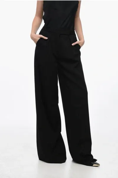 Max Mara Stretch Wool Karub Palazzo Pants With Satin Detail In Black