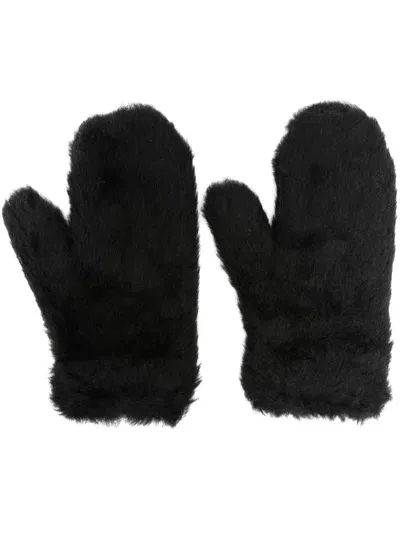 Max Mara Ombrato Wool Blend Teddy Gloves W/ Strap In Black