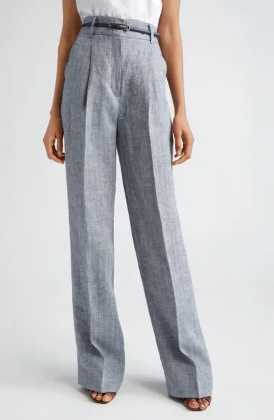 Max Mara Treviso Pleated High-rise Bootcut Linen Pants In Navy