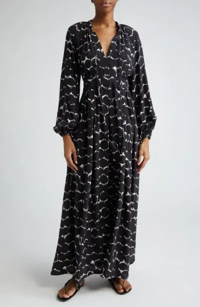 Max Mara Urbania Dot Print Long Sleeve Silk Maxi Dress In Black White