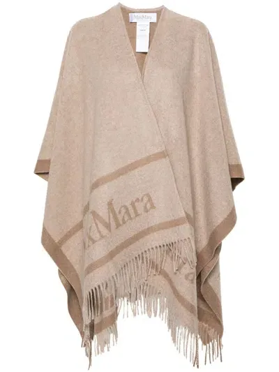 Max Mara Logo-jacquard Wool Cape In Beige