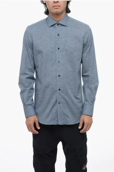 Mazzarelli Printed Cotton Shirt With Spread Collar In Blue