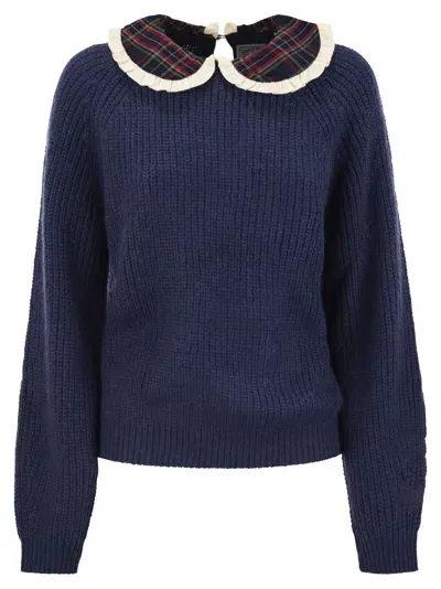 Mc2 Saint Barth Calia - Ribbed Jumper With Velvet Collar And Bow In Blue