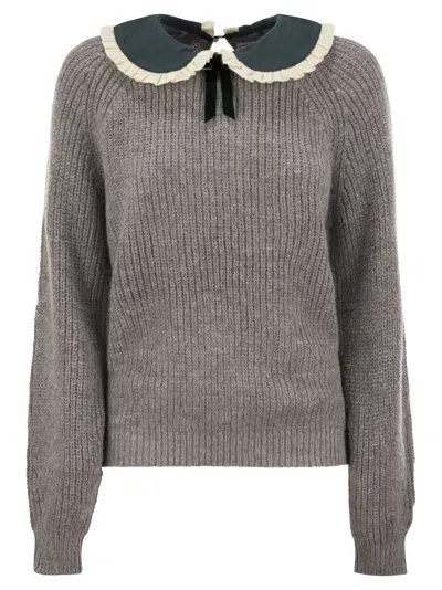 Mc2 Saint Barth Calia - Ribbed Jumper With Velvet Collar And Bow In Grey