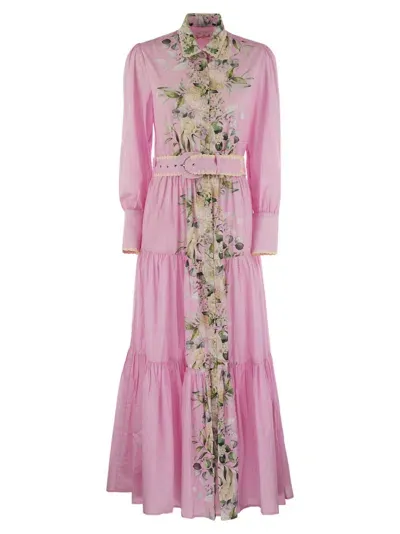 Mc2 Saint Barth Long Cotton Dress With Floral Pattern In Pink