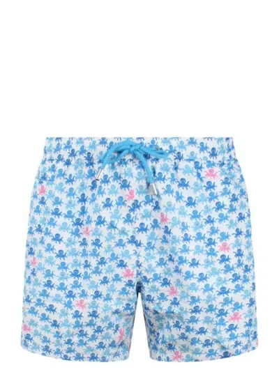 Mc2 Saint Barth Man Light Fabric Swim Shorts With Octopus Print In Blue