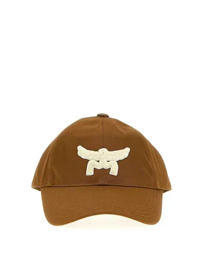 Mcm Flocked Logo Cap In Brown