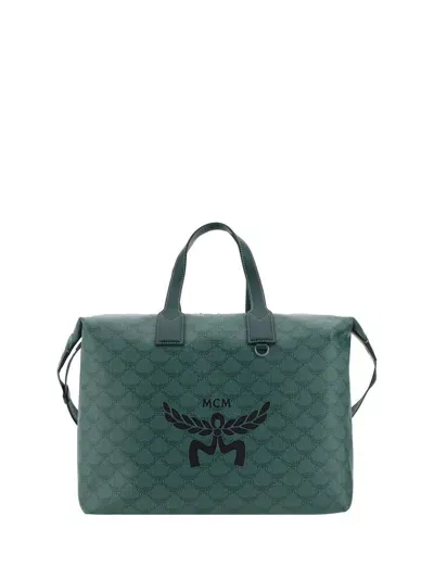 Mcm Himmel E/w Monogram Printed Tote Bag In Green