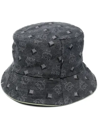 Mcm Logo-print Bucket Hat In Grey