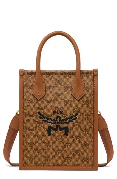 Mcm Mini Himmel Lauretos Coated Canvas Crossbody Tote In Cognac