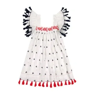 Mer St. Barth Kids'  Serena Tassel Dress In Red White Navy Embroidery