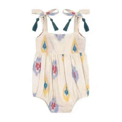 Mer St. Barth Babies'  Zoe Shoulder Tie Romper In Gold Blue Ikat