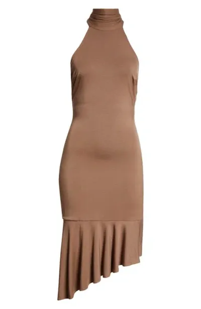 Miaou Karina Asymmetric Hem Halter Cocktail Dress In Olive