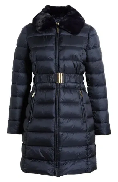 Michael Kors Belted Packable Long Puffer Jacket In Admiral