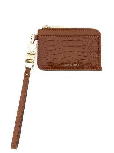 Michael Kors Crocodile Print Leather Card Case In Brown