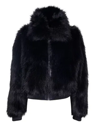 Michael Kors Faux Fur Bomber Jacket With Oversized Collar And Elasticated Trims In Black