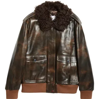 Michael Kors Shearling Collar Leather Bomber Jacket In Chocolate