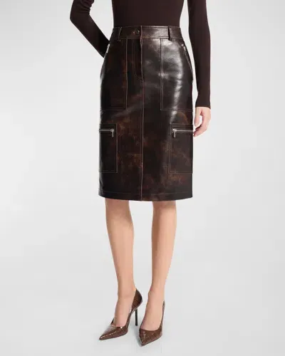 Michael Kors Leather Cargo Pencil Skirt In Chocolate