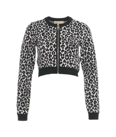 Michael Kors Michael Leopard Jacquard Knit Zip Cardigan In Black